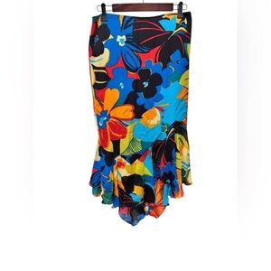 Dana Buchman Colorful Floral Silk Lined Skirt Sz 10 High Low Ruffle Hem Hawaiian